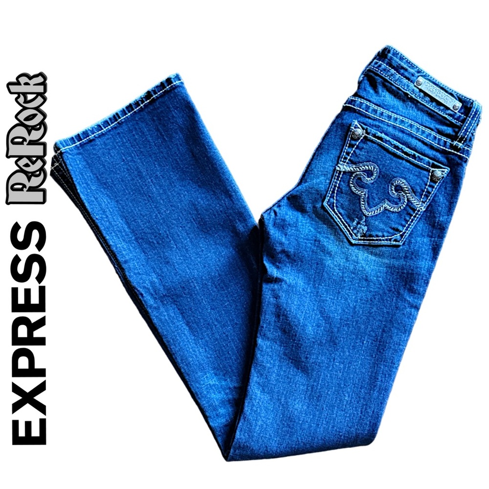 NEW Express ReRock Women’s Jeans, Retro Slim Bootcut, Distressed, Sanded Size 0R - Picture 4 of 12